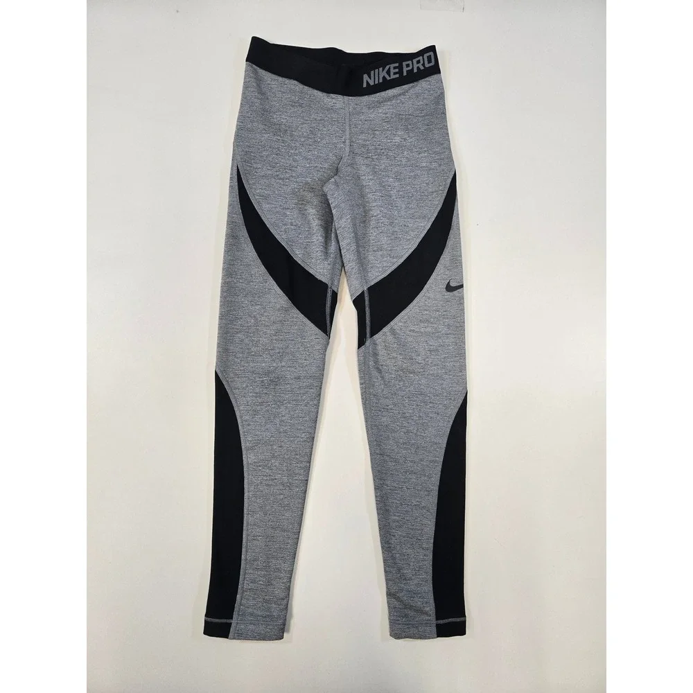 Nike Pro Hyperwarm Grey Black Colorblock Leggings 915336-063 Womens Medium